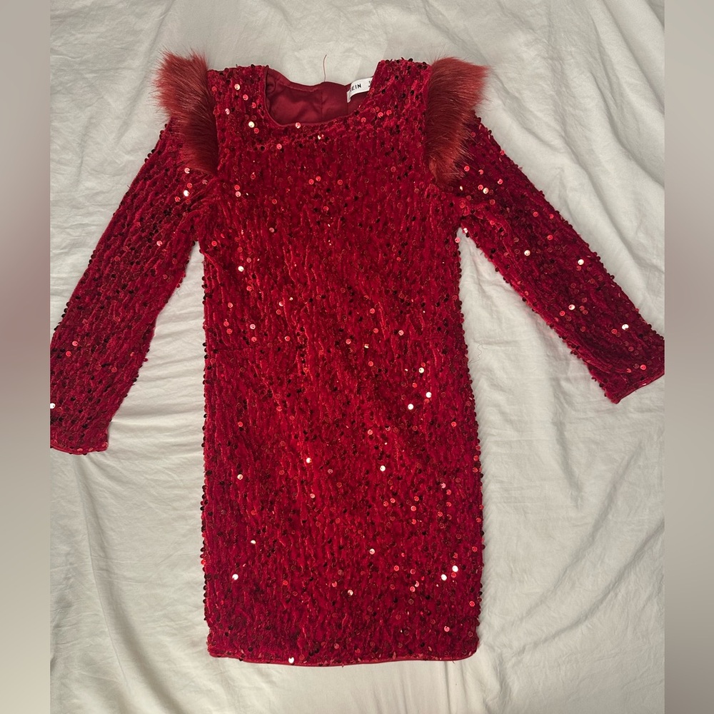 SHEIN Red Sequin Formal Kids Dress with faux fur should zipper back long sleeve